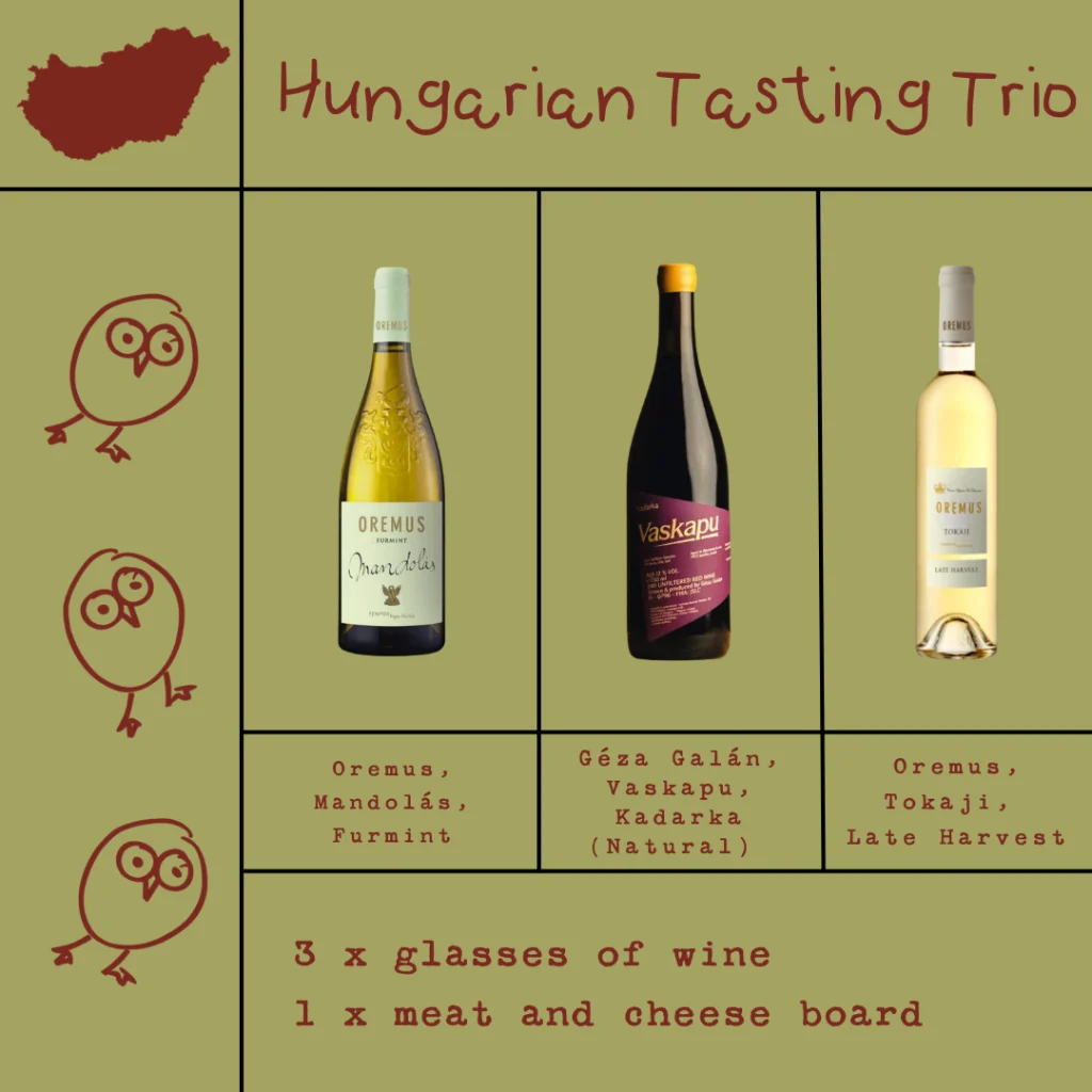 Hungarian Tasting Trio flyer - Oremus Mandolás Furmint, Géza Galán Vaskapu Kadarka and Oremus Tokaji Late Harvest with a meat and cheese board.